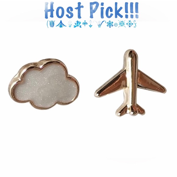 “Fly the Friendly Skies” Gold Airplane Cloud Plane Sky Dainty Cute Stud Earrings - Picture 1 of 16